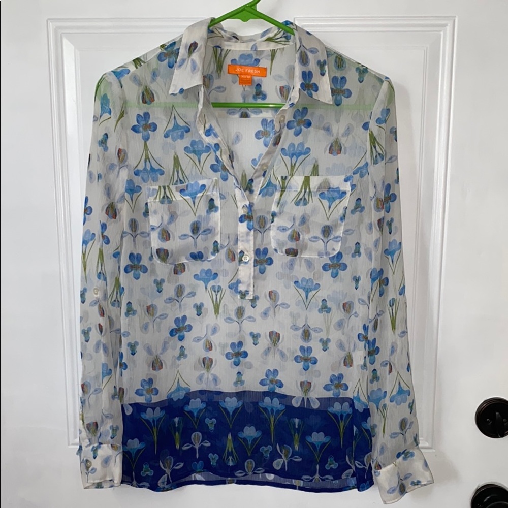 Joe Fresh Sheer Floral Blue and White Shirt